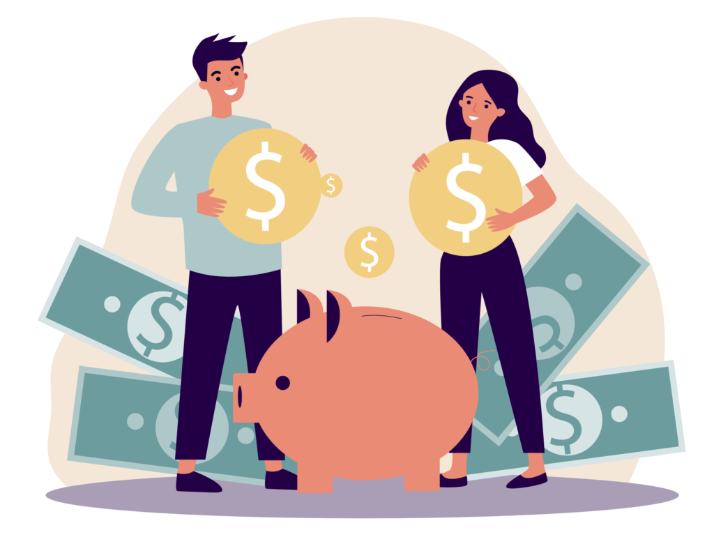 young couple with big piggy bank between them illustration
